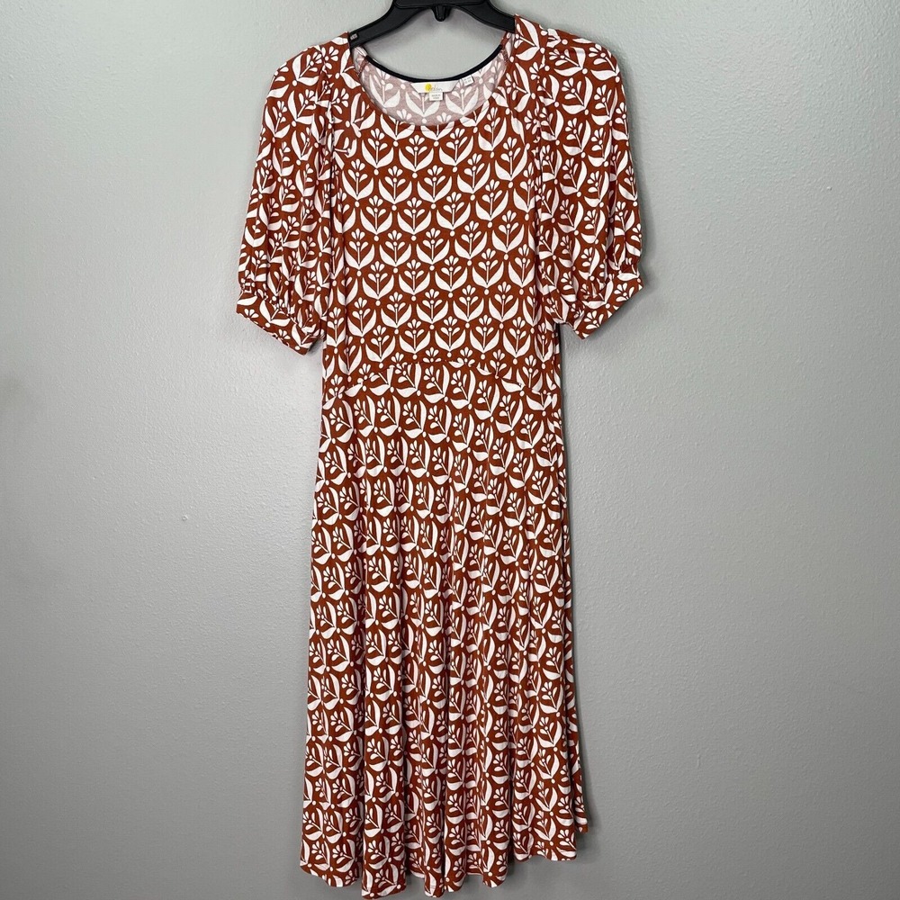 Boden Roberta Jersey Dress Womens 6 Floral Brown Puff Half Sleeve Stretch